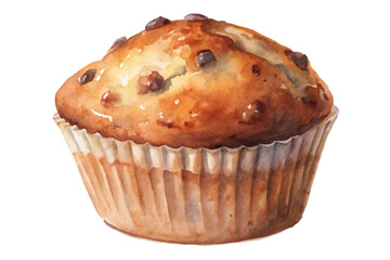 Watercolor muffin illustration, chocolate chip details, bakery style, delicious dessert, food art, culinary design.