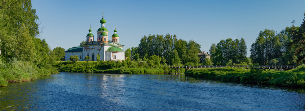 Ancient Cathedral of the Smolensk Icon of the Mother of God in summer panorama. Olonets, Karelia. Russia