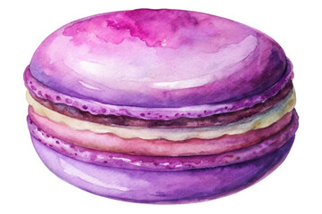 Watercolor macaron illustration, vibrant purple hues, dessert art, bakery design, food styling, culinary creativity.