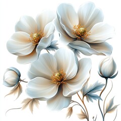 Obraz premium A beautiful illustration of white flowers with golden centers and buds, showcasing elegance and nature's beauty.