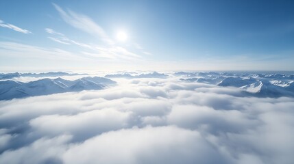 Obraz premium Expansive Aerial View of Snow Mountains with Cloud Blanket Under Bright Sky : Generative AI