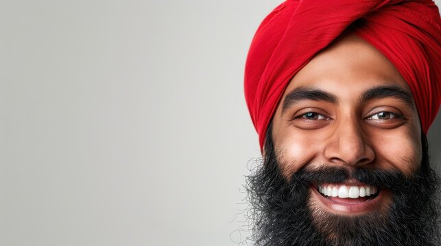Smiling man wearing a red turban poses against a simple background, showcasing joy and cultural pride in a friendly atmosphere