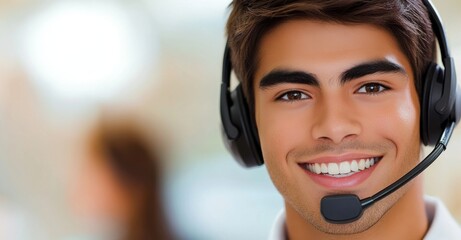 Young man with headset providing customer support in a bright office environment during daytime
