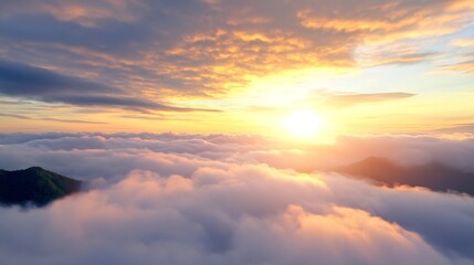 Obraz premium Scenic Sunrise Above Clouds with Vibrant Colors and Mountain Peaks : Generative AI