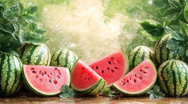 A beautiful watermelon background with many fresh, juicy watermelons and leaves. Food concept banner