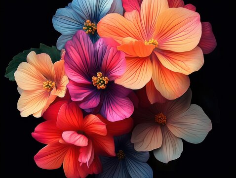 Vibrant bouquet of colorful flowers showcasing a mix of hues and textures in a dark background - Powered by Adobe