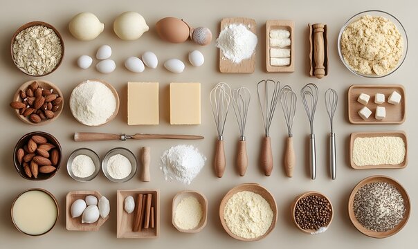 Sequential layout showing the stages of baking, with ingredients and tools