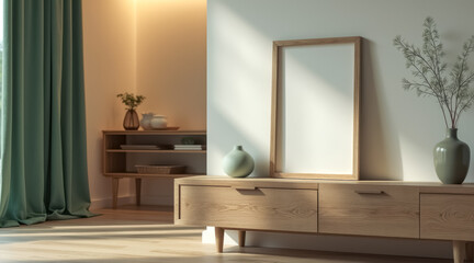 light wooden sideboard displays a blank frame vases a sunlit room.