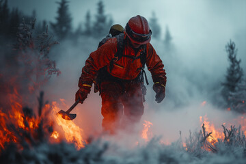 Wildfire Warrior: A courageous firefighter battles a raging wildfire in a dramatic, atmospheric scene. The image captures the intensity and danger of the situation.