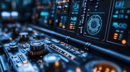 Futuristic control panel featuring intricate dials, buttons, and indicators, displaying vibrant blue and orange lights along with various manufacturing process data visualizations