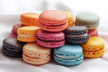 Fototapeta premium Colorful macarons stacked artfully on a white fabric background showcasing various flavors and textures