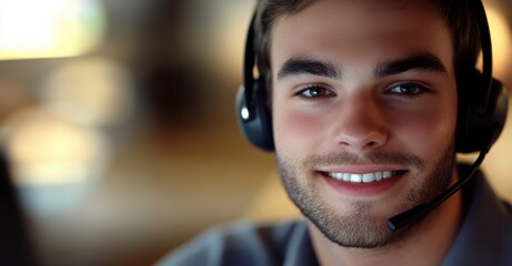 Customer service representative smiling while using a headset in a modern office environment during a busy workday