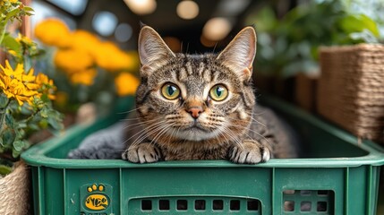 Adorable tabby cat resting in a green basket surrounded by vibrant flowers, capturing a serene moment of relaxation in a lively, garden atmosphere