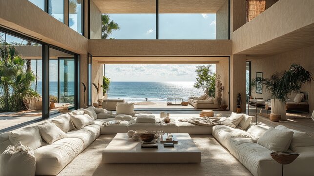 Luxurious beachfront living room with ocean view, featuring minimalist beige furniture and large windows.