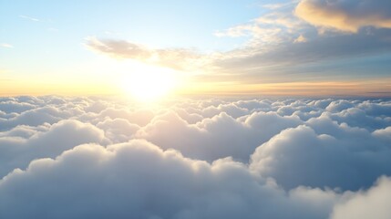 Fototapeta premium Serene Aerial View of Sunset Above Fluffy Clouds with Gentle Horizon and Sunlight Rays : Generative AI