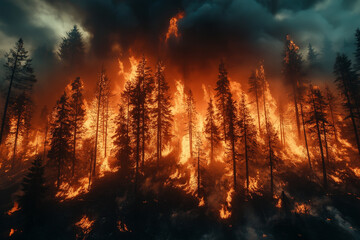 Fototapeta premium Forest Fire Inferno: A powerful and captivating image of a raging wildfire engulfing a dense forest, showcasing the destructive force of nature and the urgency of environmental conservation. 