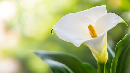 Fototapeta premium Close Up Of White Calla Lily Blooming In Natural Light Against Soft Blurred Background : Generative AI