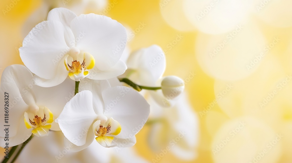Poster delicate white orchids with soft yellow accents on lush background of warm sunshine : generative ai
