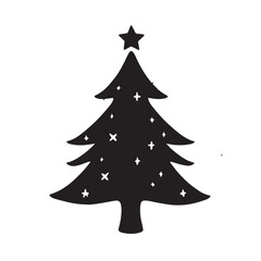 A simple black silhouette of a Christmas tree with a star on top and small stars scattered throughout, creating a festive and whimsical feel