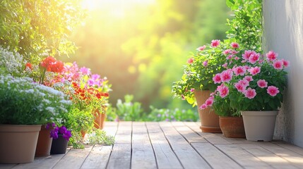 Sunny Patio with Potted Flowers in Vibrant Spring Glow