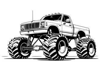 Monster truck with large wheels and elevated suspension, showcasing its rugged design and powerful presence. Monster Truck Vector Graphics Vector. Wheels Bigger Dreams Art Off Road in Illustration
