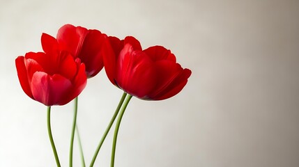 Obraz premium Elegant Three Red Tulips with Stems Against Soft Neutral Background : Generative AI