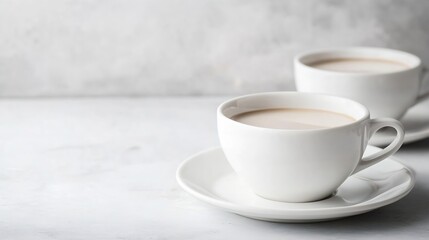 Minimalist White Coffee Cups on a Soft Grey Background : Generative AI