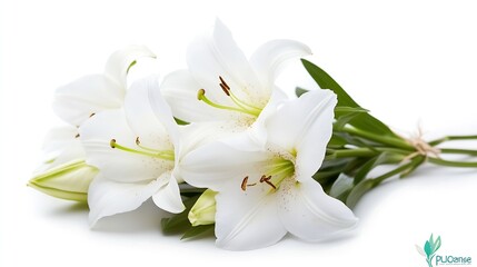 Fototapeta premium Fresh White Lilies Arranged with Green Leaves on White Background : Generative AI