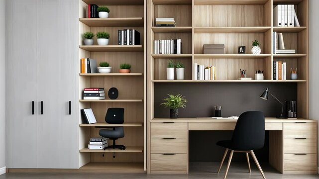 Discover a sleek home office setup with organized shelves, a chic desk, and functional storage that enhances productivity