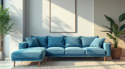 Fototapeta premium teal sectional sofa sunlit living room