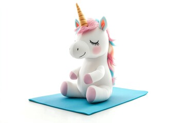 Adorable Pastel Unicorn Plush Toy Sitting on a Blue Yoga Mat, Peaceful and Serene, Perfect for Kids Room Decor, Soft and Cuddly, Rainbow    