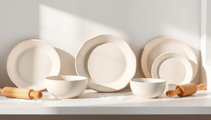 Elegant Cream Colored Ceramic Dishware Set with Wooden Rolling Pins on White Shelf