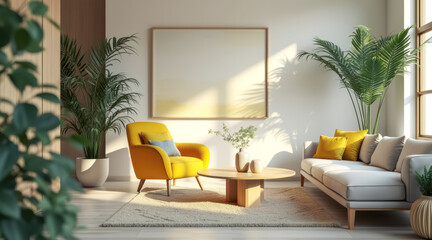 sunlit living room with yellow armchair gray sofa