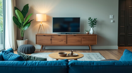 teal couch wooden cabinet a modern living room