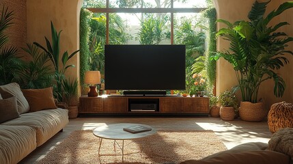 A cozy living room with a TV, plants, and natural light, creating a serene atmosphere.