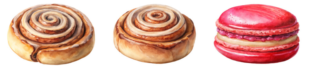 Watercolor pastries, cinnamon rolls, colorful macarons, delicious desserts, food illustration, bakery art, sweet treats.