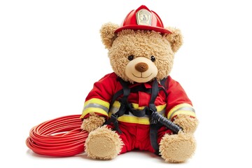 Adorable Teddy Bear Firefighter Costume with Red Hose, Studio Shot, Isolated on White Background, Perfect for Children's Book Illustrations,