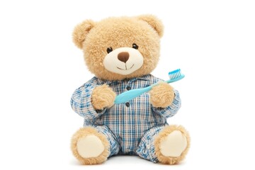 Adorable Teddy Bear in Pajamas Holding a Toothbrush, Ready for Bedtime, Cute Plush Toy, Childrens Oral Hygiene, Dental Care, Soft Toy, Blue 