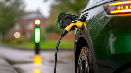 Naklejka premium close up view of electric vehicle charging at station, showcasing charging cable and connector. scene is set in rainy environment, highlighting modern technology and sustainability
