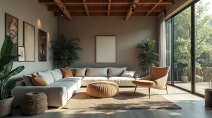 sunlit living room with sectional sofa woven pouf
