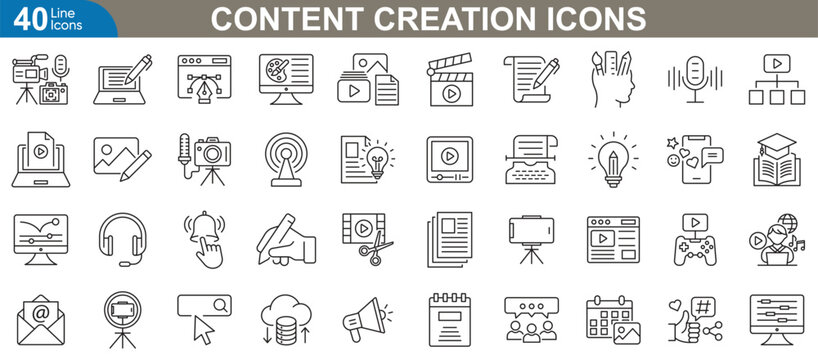 Content creation line icons set. Related social media, video editing, photography, graphic design, writing, podcasting and more. vector illustration pack for creative professionals.