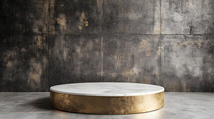 Fototapeta premium Round White Marble Podium with Metallic Gold Base in Luxury Studio - Modern 3D Rendering for Product Display.