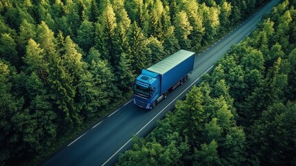 Fototapeta premium Blue semi-truck drives on a road through a lush green forest.