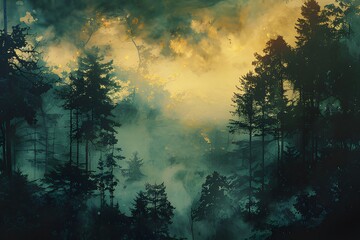Fototapeta premium Mist forest featuring dense pine trees