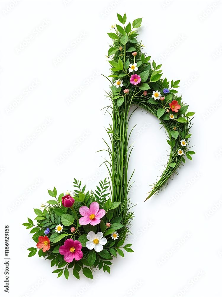 Poster a music note made from grass and flowers is isolated against a plain white background for creative f