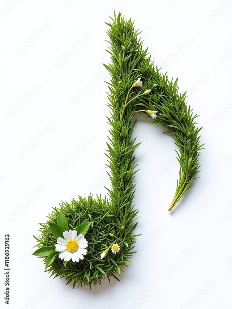 Poster a music note made from grass and flowers is isolated against a plain white background for creative f