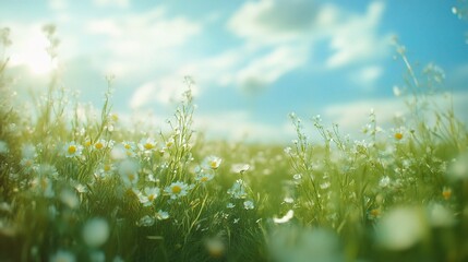 Fototapeta premium Bright Sunny Meadow in Spring with Blue Sky and White Clouds