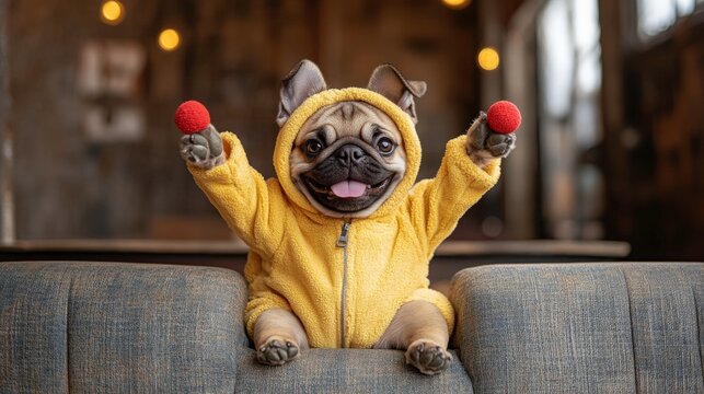 Adorable pug wearing a yellow hoodie, playfully holding red balls, capturing joy and cuteness in a cozy indoor setting, perfect for pet lovers and joy enthusiasts