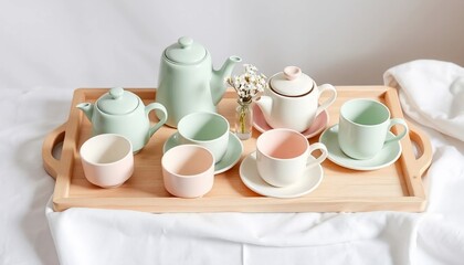 Pastel Tea Set on Wooden Tray Elegant Teacups Teapots and Saucers