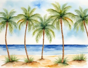 Obraz premium Watercolor painting of five palm trees on a beach with blue sea and sky in the background